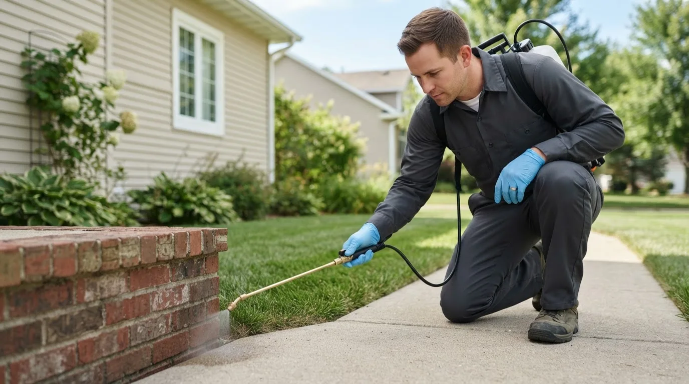 Pest control technician treating a home near Harmony, PA