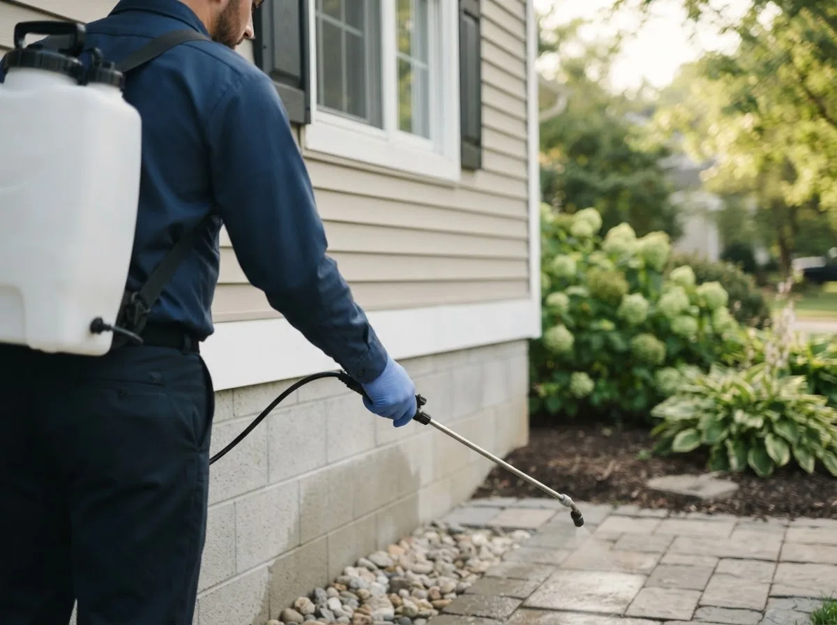 Pest control technician inspecting a home in Harmony, PA